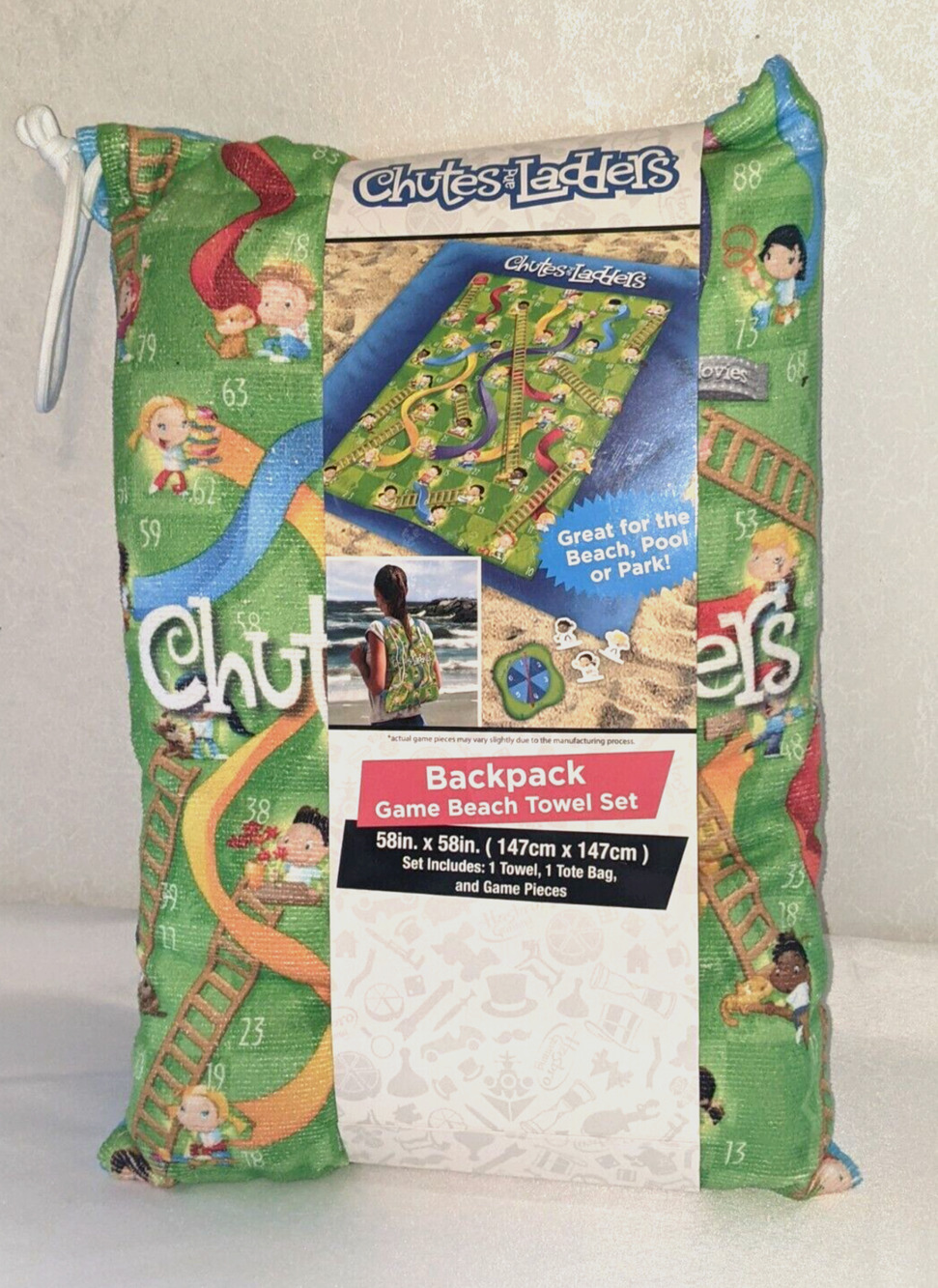Chutes & Ladders Backpack Game Beach Towel Set 58 in x 58 in Towel Tote Game Pcs